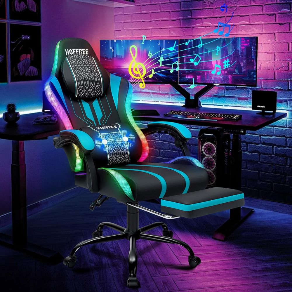 Speakers - Gamingstoel met LED-verlichting, speakers, massagefunctie, grote