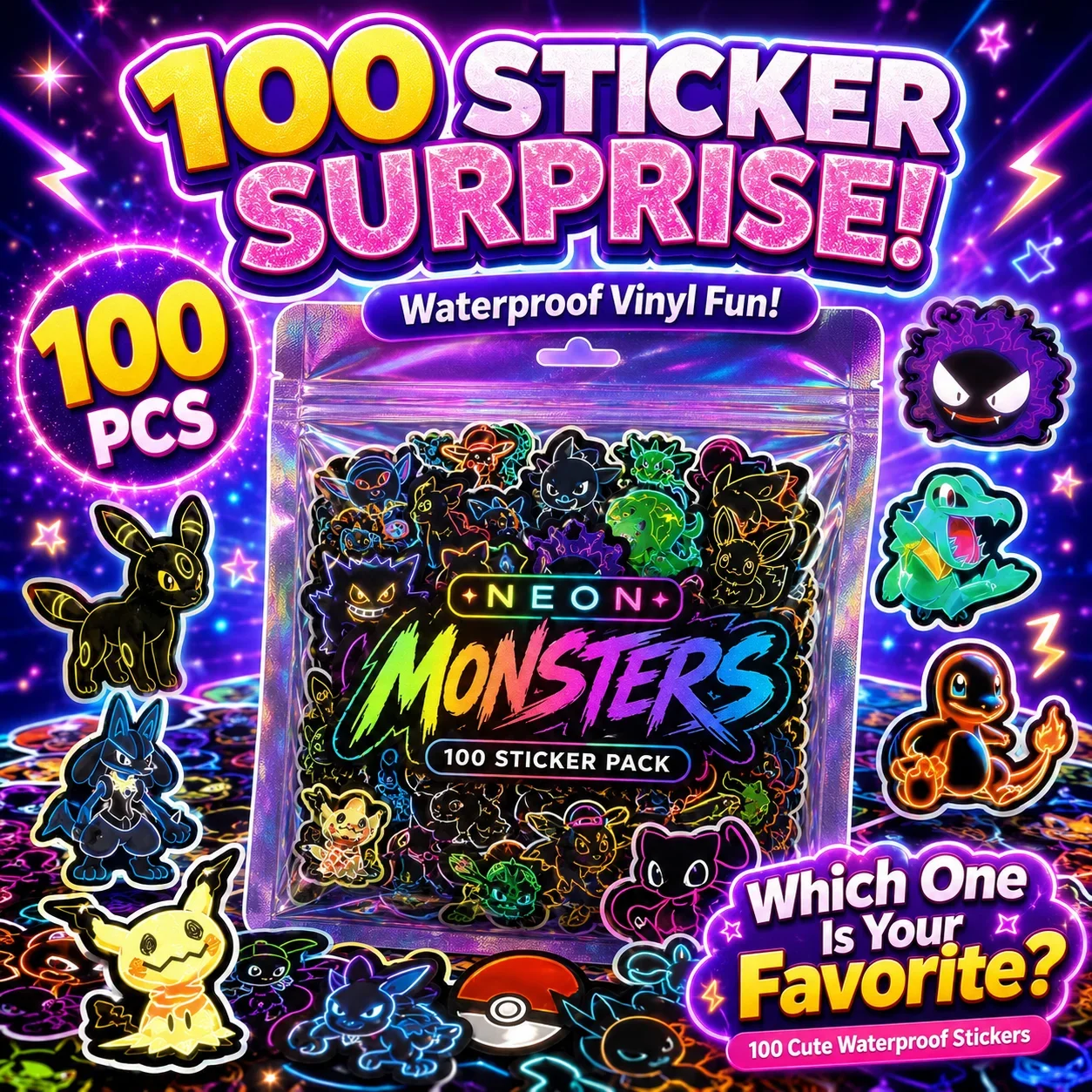 100 stuks neon Pokémon-sticker - Laptops recensie en prijs